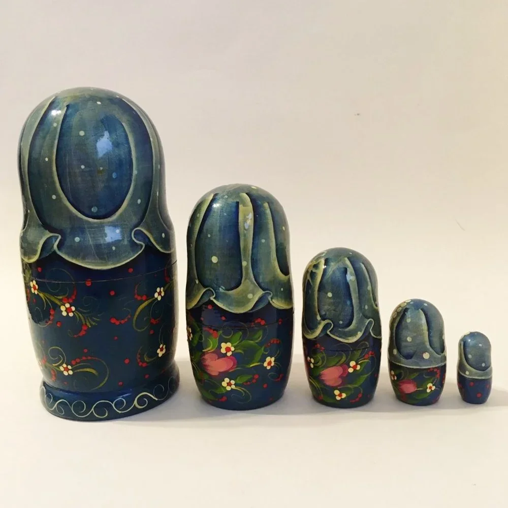 5 Piece Nesting Dolls Hand Painted Wood Flowers Vintage Collectible 7.5